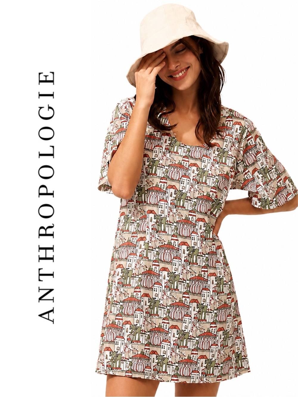 Anthropologie Porridge Short-Sleeve Crew-Neck Linen Printed Mini Dress